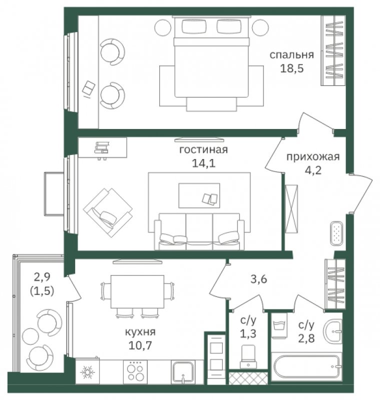 2-комнатная квартира с полной отделкой, 56.6 м2, 18 этаж, дом сдан, ЖК Зеленая Вертикаль, корпус 1 - объявление 1793882 - фото №1