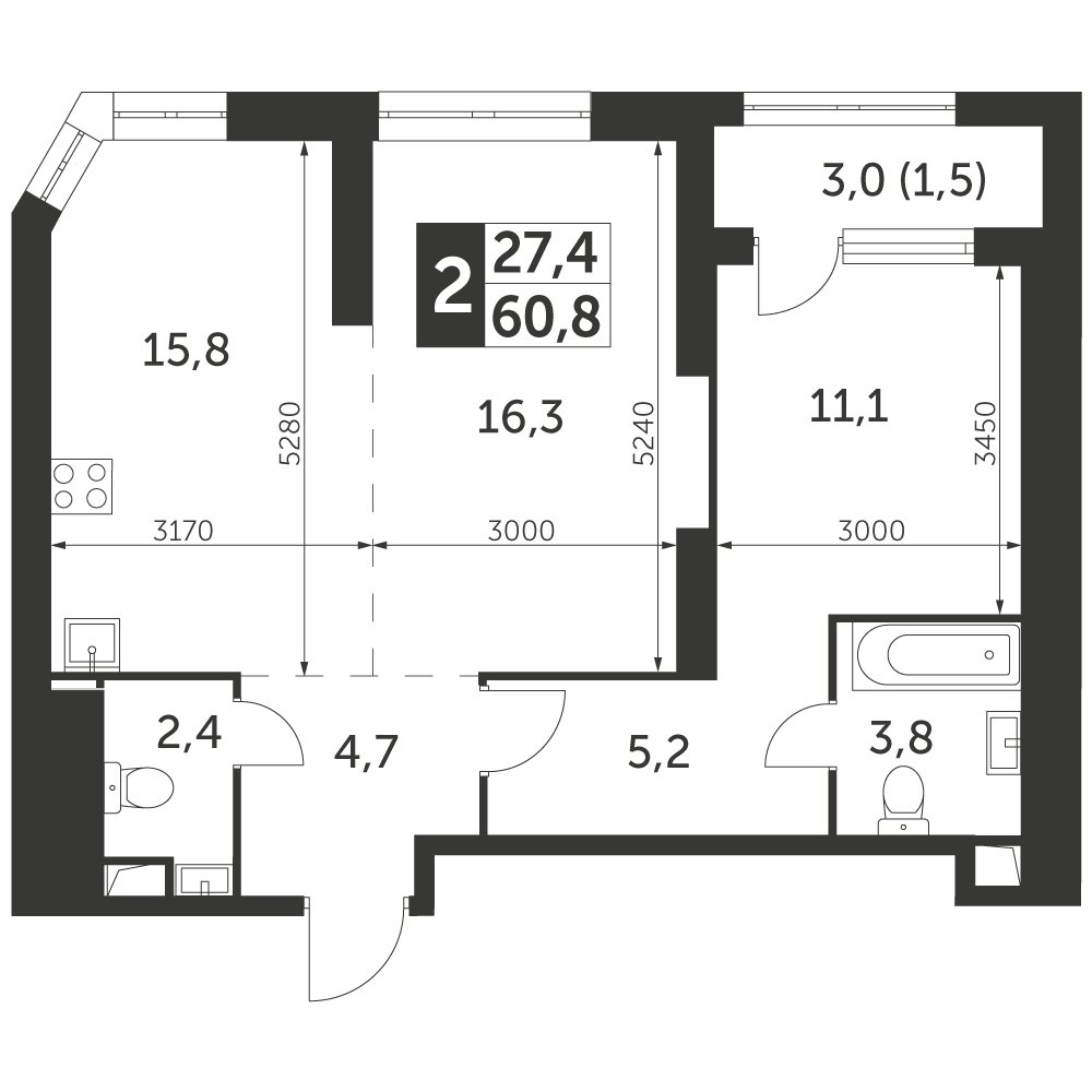 2-комнатная квартира с частичной отделкой, 60.8 м2, 26 этаж, дом сдан, ЖК Архитектор, корпус 3 - объявление 2375382 - фото №1