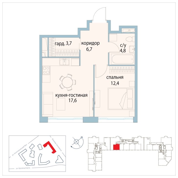 1-комнатная квартира без отделки, 45.2 м2, 4 этаж, сдача 3 квартал 2025 г., ЖК Символ, корпус 31 (квартал "Вдохновение") - объявление 1763352 - фото №1