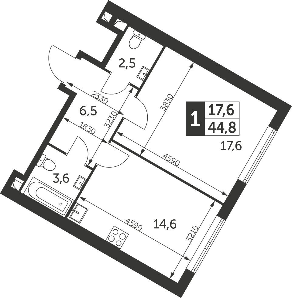 1-комнатная квартира с частичной отделкой, 44.8 м2, 16 этаж, сдача 4 квартал 2023 г., ЖК Архитектор, корпус 1 - объявление 2276266 - фото №1