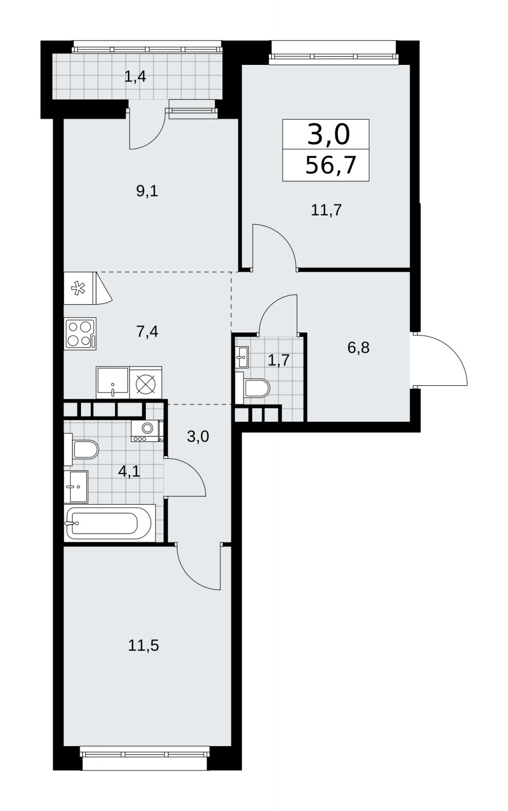 3-комнатная квартира (евро) с частичной отделкой, 56.7 м2, 6 этаж, сдача 2 квартал 2026 г., ЖК Дзен-кварталы, корпус 3.4 - объявление 2242148 - фото №1