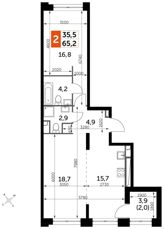 2-комнатная квартира с частичной отделкой, 65.2 м2, 20 этаж, сдача 1 квартал 2023 г., ЖК Sydney City, корпус 2 - объявление 1612568 - фото №1