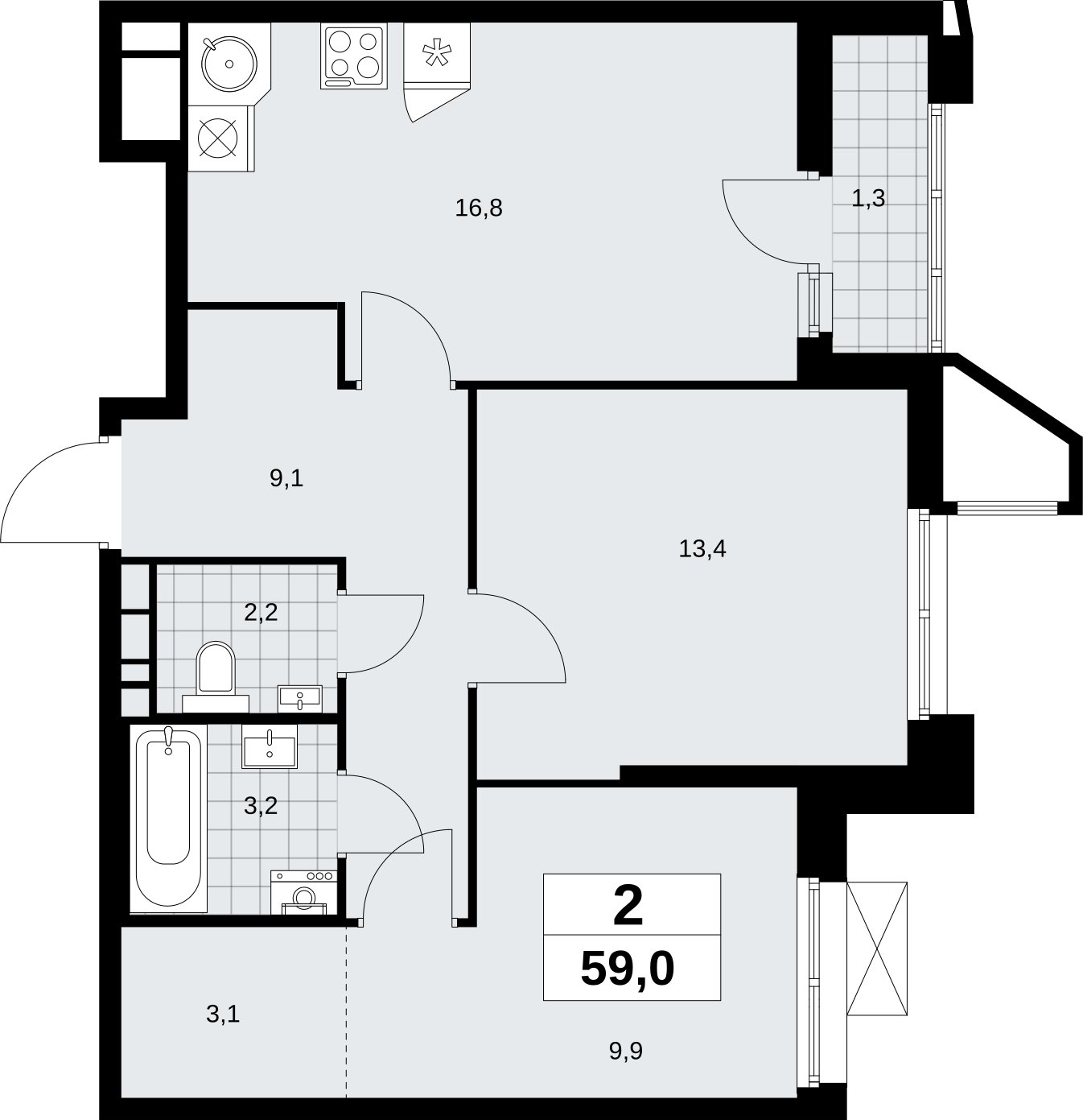 2-комнатная квартира без отделки, 59 м2, 9 этаж, сдача 1 квартал 2027 г., ЖК Прокшино, корпус 7.1.1 - объявление 2421782 - фото №1