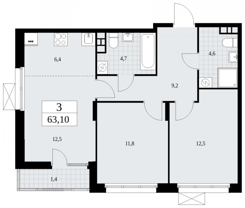 3-комнатная квартира (евро) с частичной отделкой, 63.1 м2, 4 этаж, сдача 4 квартал 2024 г., ЖК Бунинские кварталы, корпус 2.1 - объявление 1882309 - фото №1