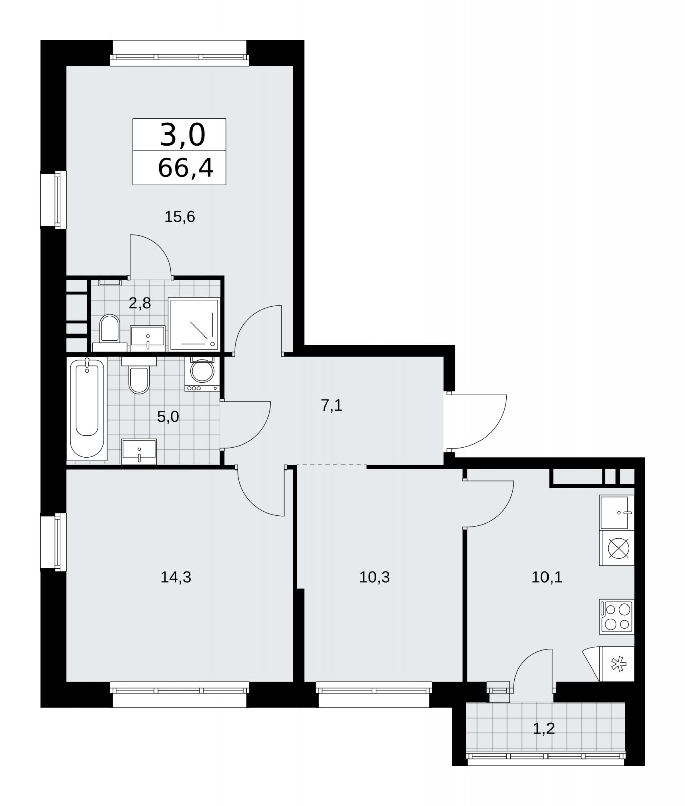 3-комнатная квартира без отделки, 66.4 м2, 12 этаж, сдача 1 квартал 2026 г., ЖК Дзен-кварталы, корпус 3.2 - объявление 2241546 - фото №1