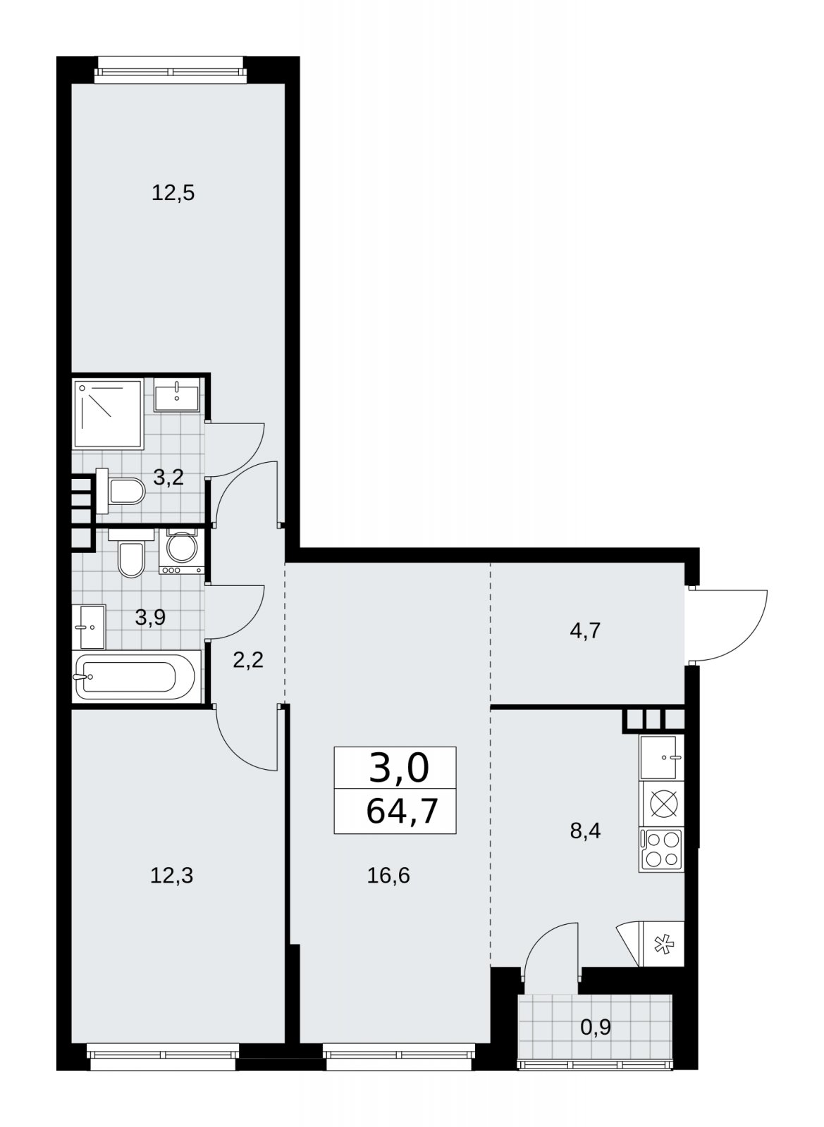 3-комнатная квартира (евро) без отделки, 64.7 м2, 5 этаж, сдача 1 квартал 2026 г., ЖК Дзен-кварталы, корпус 3.2 - объявление 2241392 - фото №1