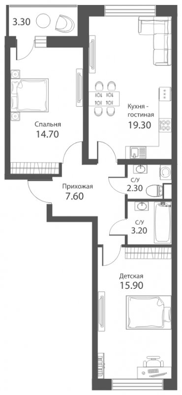 3-комнатная квартира (евро) с частичной отделкой, 64.7 м2, 2 этаж, сдача 2 квартал 2022 г., ЖК Аквилон PARK, корпус 1 - объявление 1314739 - фото №1