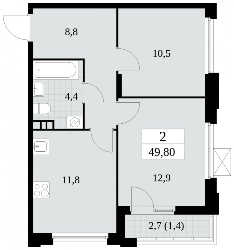 2-комнатная квартира с частичной отделкой, 49.8 м2, 3 этаж, сдача 4 квартал 2024 г., ЖК Скандинавия, корпус 2.27.4 - объявление 1840667 - фото №1