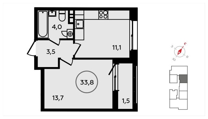 1-комнатная квартира с частичной отделкой, 33.8 м2, 3 этаж, сдача 3 квартал 2024 г., ЖК Скандинавия, корпус 22.3 - объявление 1625552 - фото №1
