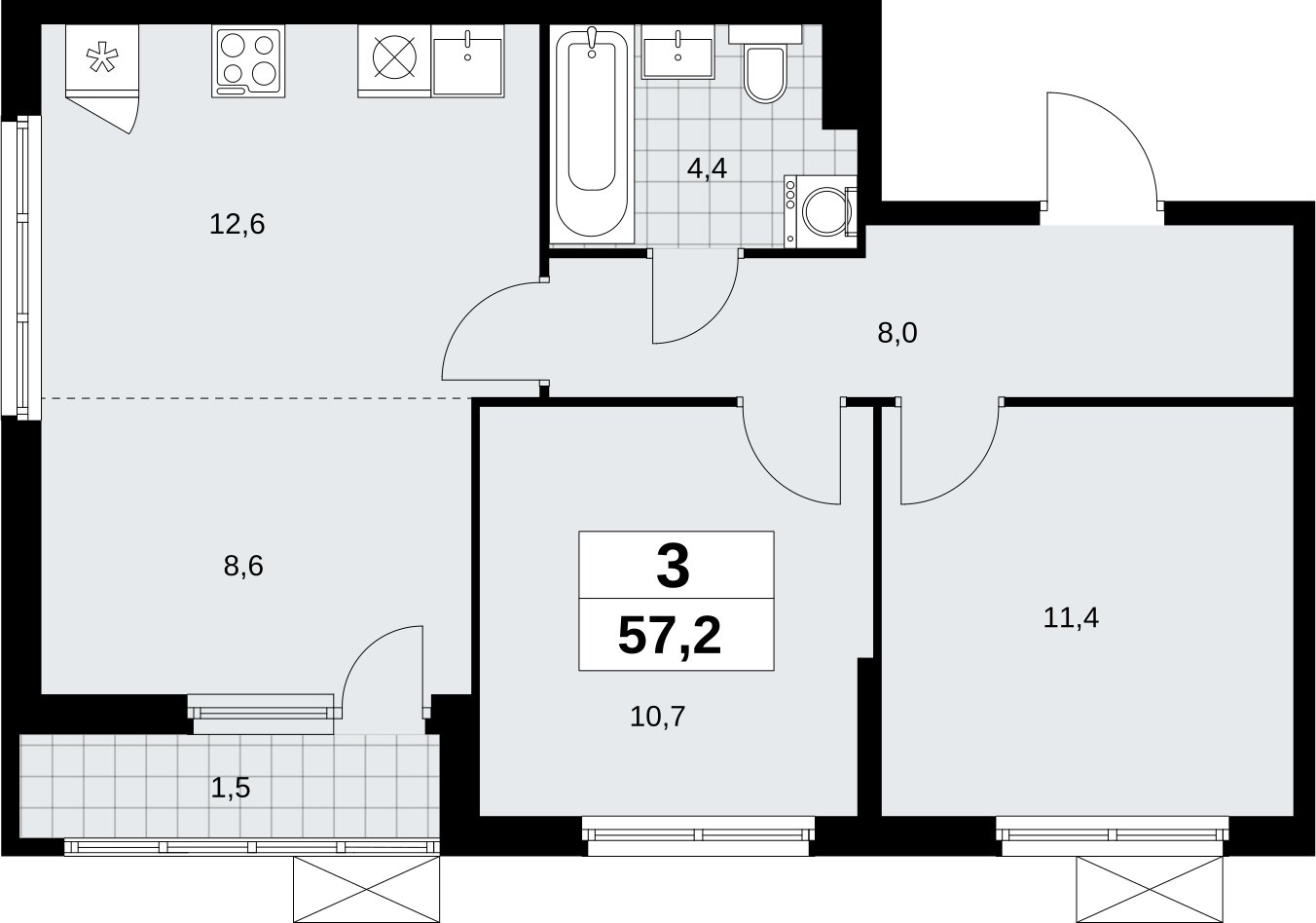 3-комнатная квартира (евро) без отделки, 57.2 м2, 7 этаж, сдача 1 квартал 2026 г., ЖК Дзен-кварталы, корпус 6.2.1 - объявление 2328330 - фото №1