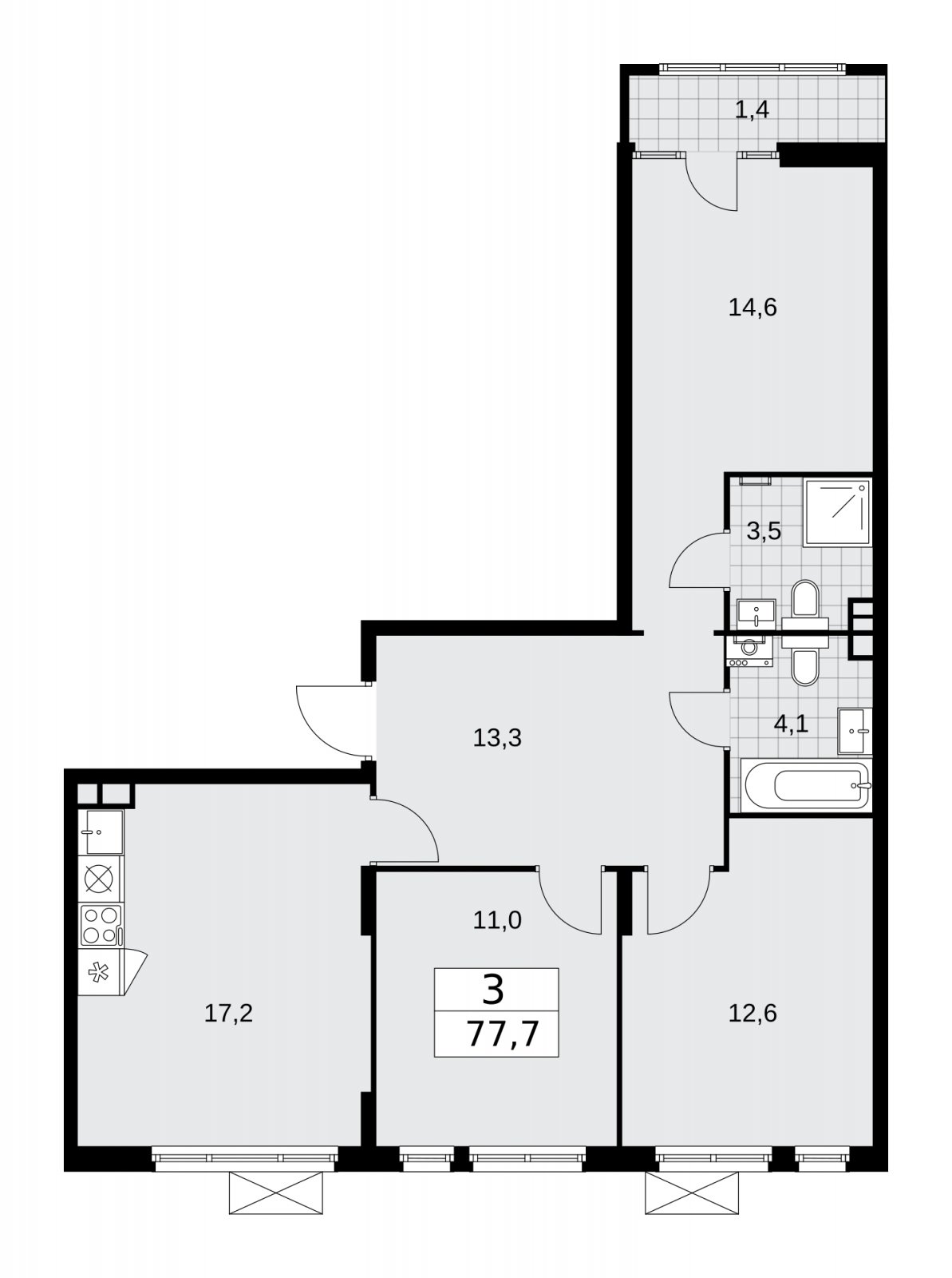 3-комнатная квартира без отделки, 77.7 м2, 3 этаж, сдача 1 квартал 2026 г., ЖК Деснаречье, корпус 4.2 - объявление 2263692 - фото №1