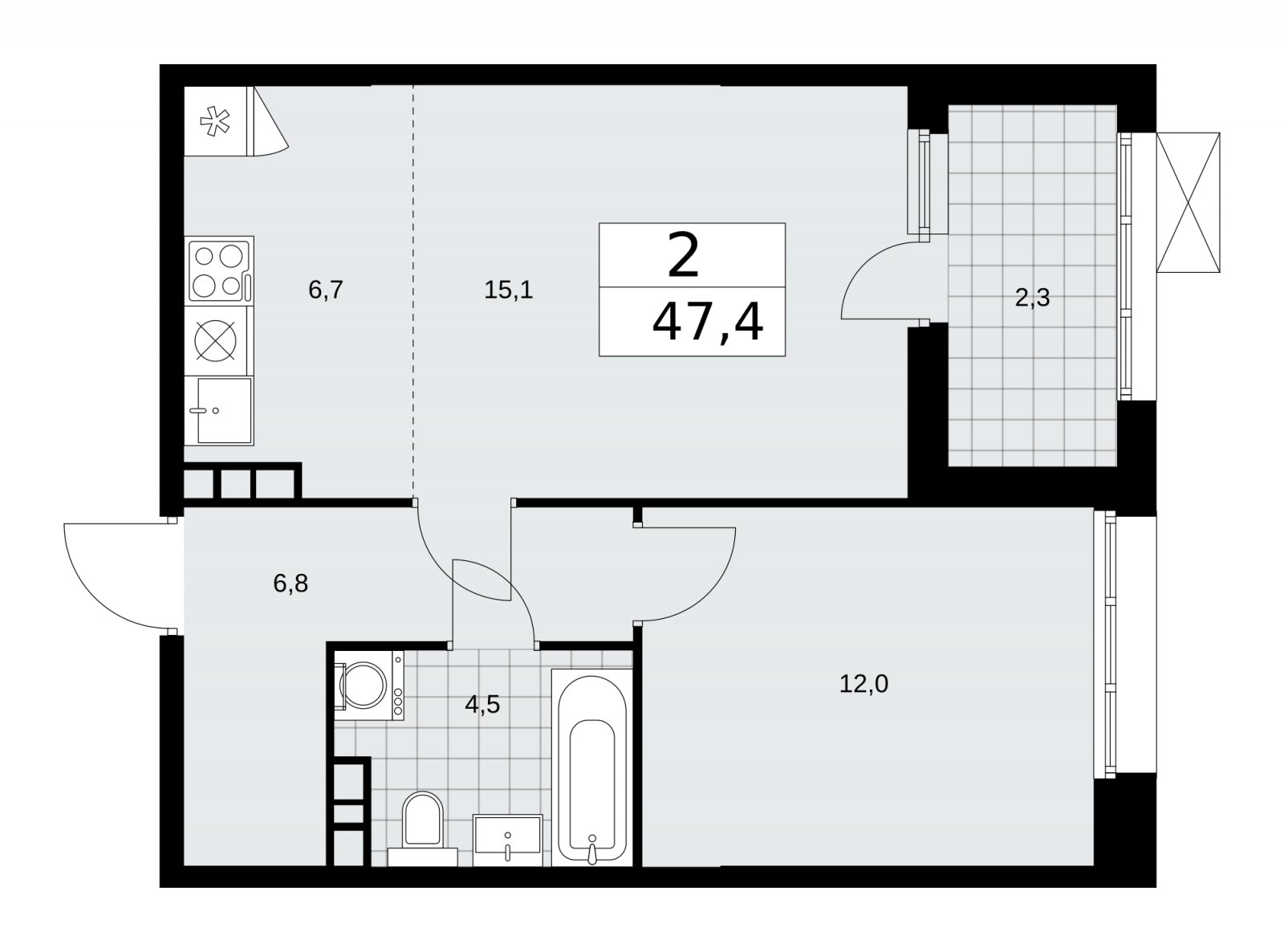 2-комнатная квартира (евро) без отделки, 47.4 м2, 14 этаж, сдача 4 квартал 2025 г., ЖК Бунинские кварталы, корпус 6.5 - объявление 2252854 - фото №1