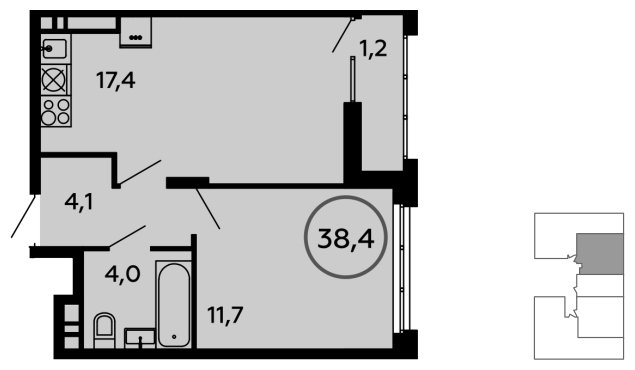1-комнатная квартира без отделки, 38.4 м2, 16 этаж, сдача 1 квартал 2023 г., ЖК Скандинавия, корпус 2.14.1 - объявление 1499251 - фото №1