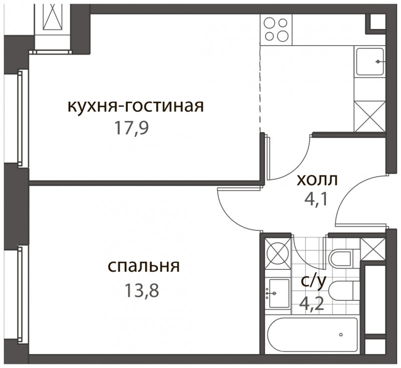 2-комнатная квартира без отделки, 40 м2, 4 этаж, дом сдан, ЖК HomeCity, корпус 2 - объявление 1704860 - фото №1