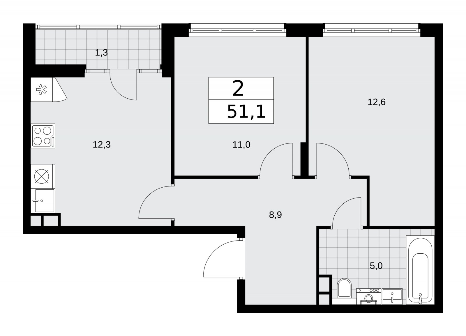 2-комнатная квартира с частичной отделкой, 51.1 м2, 10 этаж, сдача 2 квартал 2026 г., ЖК Деснаречье, корпус 4.4 - объявление 2264022 - фото №1