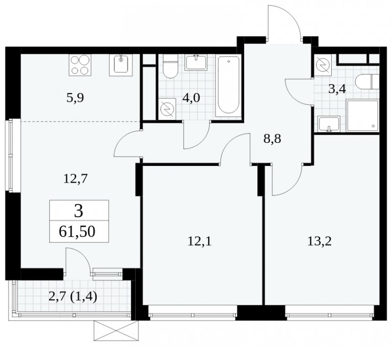 3-комнатная квартира (евро) без отделки, 61.5 м2, 14 этаж, сдача 1 квартал 2025 г., ЖК Прокшино, корпус 5.1.4 - объявление 1811142 - фото №1