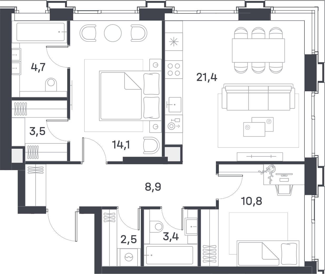2-комнатная квартира 69.3 м2, 24 этаж, сдача 4 квартал 2025 г., ЖК Portland, корпус 4 - объявление 2346874 - фото №1