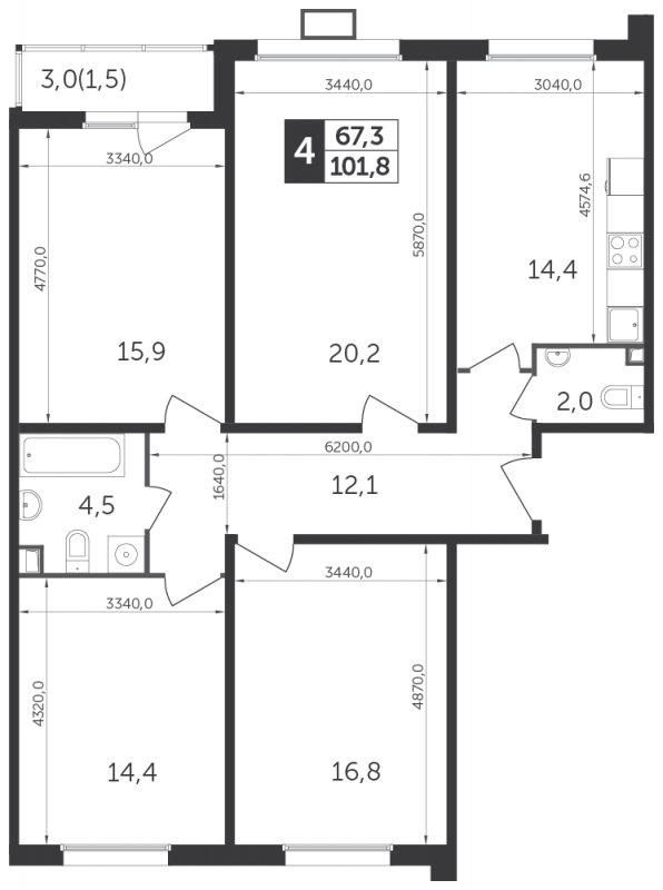 4-комнатная квартира с частичной отделкой, 101.8 м2, 11 этаж, сдача 1 квартал 2022 г., ЖК Датский квартал, корпус 1 - объявление 1345243 - фото №1