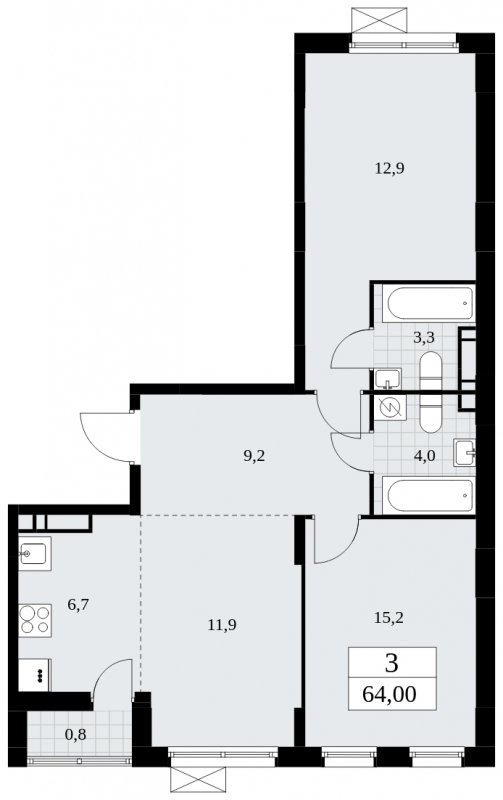 3-комнатная квартира (евро) с частичной отделкой, 64 м2, 10 этаж, сдача 3 квартал 2025 г., ЖК Дзен-кварталы, корпус 2.2 - объявление 1932500 - фото №1