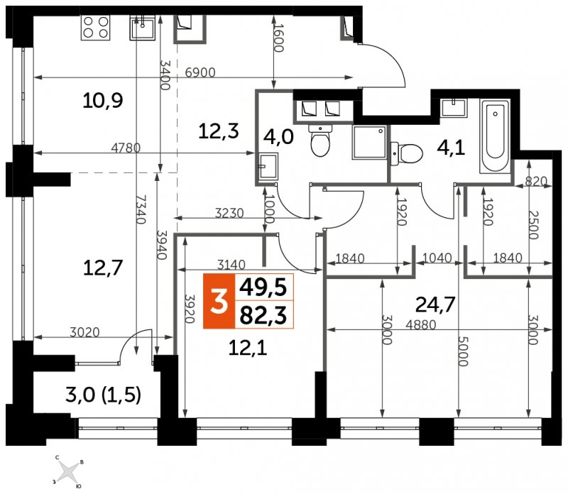 3-комнатная квартира с частичной отделкой, 82.3 м2, 19 этаж, сдача 1 квартал 2023 г., ЖК Sydney City, корпус 1 - объявление 1710107 - фото №1