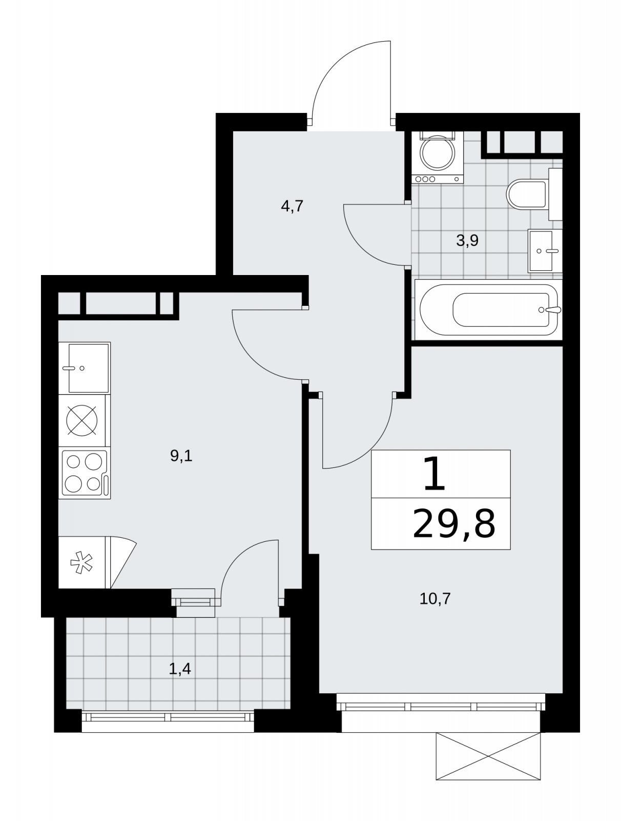 1-комнатная квартира с частичной отделкой, 29.8 м2, 10 этаж, сдача 2 квартал 2026 г., ЖК Скандинавия, корпус 25.1 - объявление 2283407 - фото №1