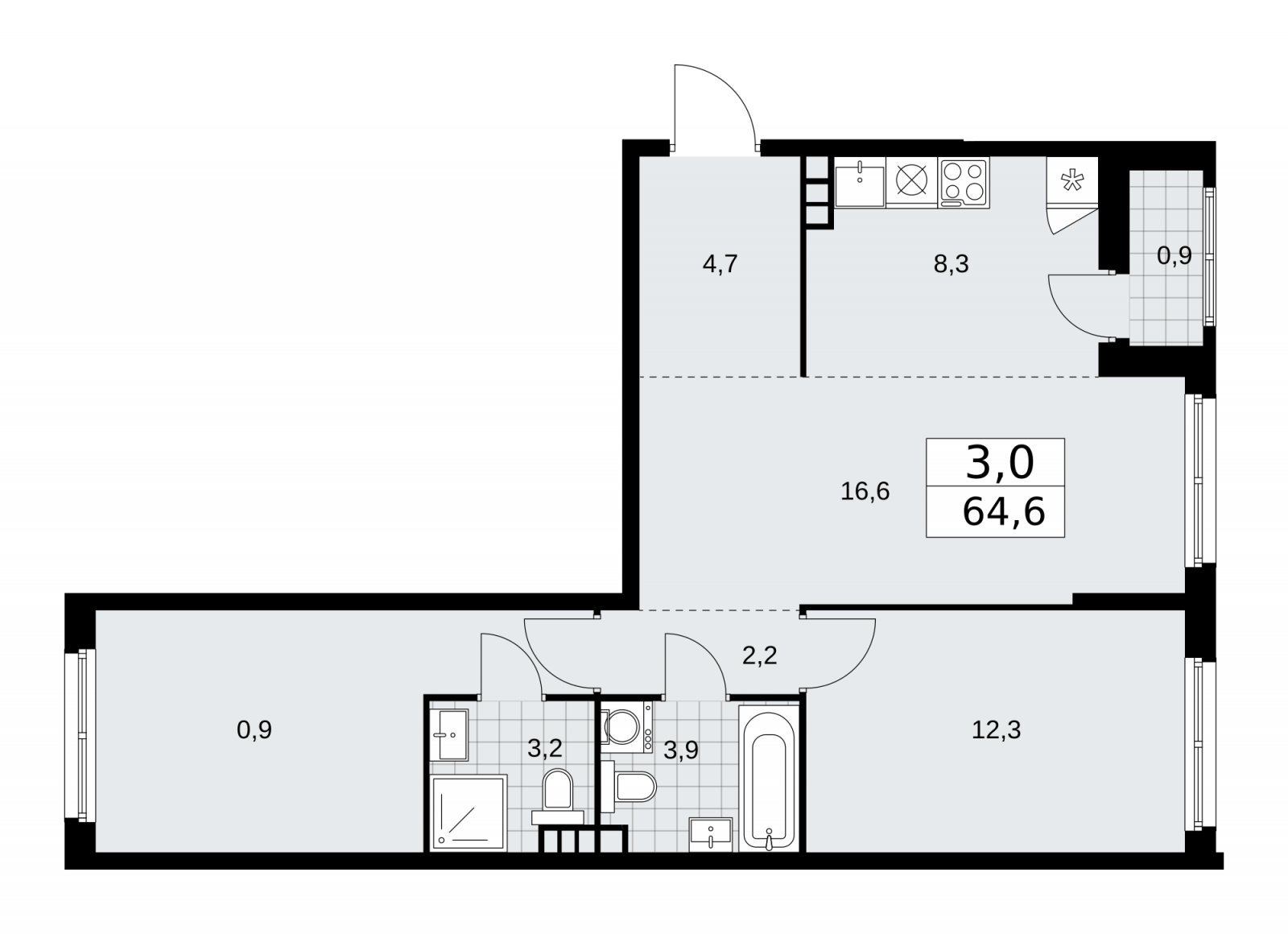 3-комнатная квартира (евро) с частичной отделкой, 64.6 м2, 8 этаж, сдача 2 квартал 2026 г., ЖК Дзен-кварталы, корпус 3.6 - объявление 2242767 - фото №1