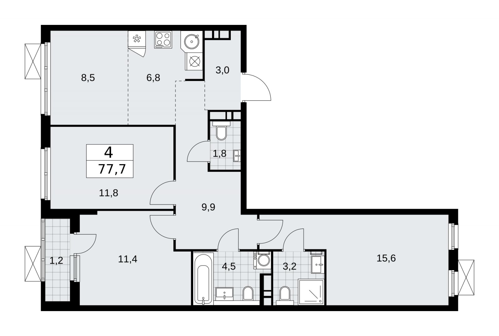 4-комнатная квартира (евро) с частичной отделкой, 77.7 м2, 5 этаж, сдача 2 квартал 2026 г., ЖК Прокшино, корпус 11.2.3 - объявление 2270356 - фото №1