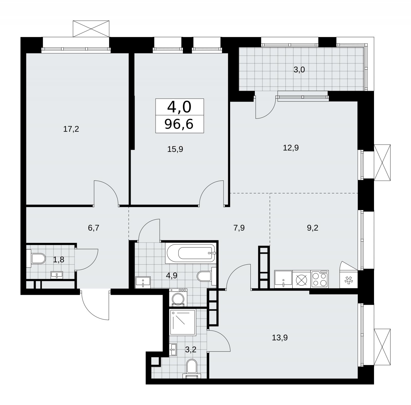 4-комнатная квартира (евро) с частичной отделкой, 96.6 м2, 17 этаж, сдача 1 квартал 2026 г., ЖК Бунинские кварталы, корпус 6.1 - объявление 2252503 - фото №1