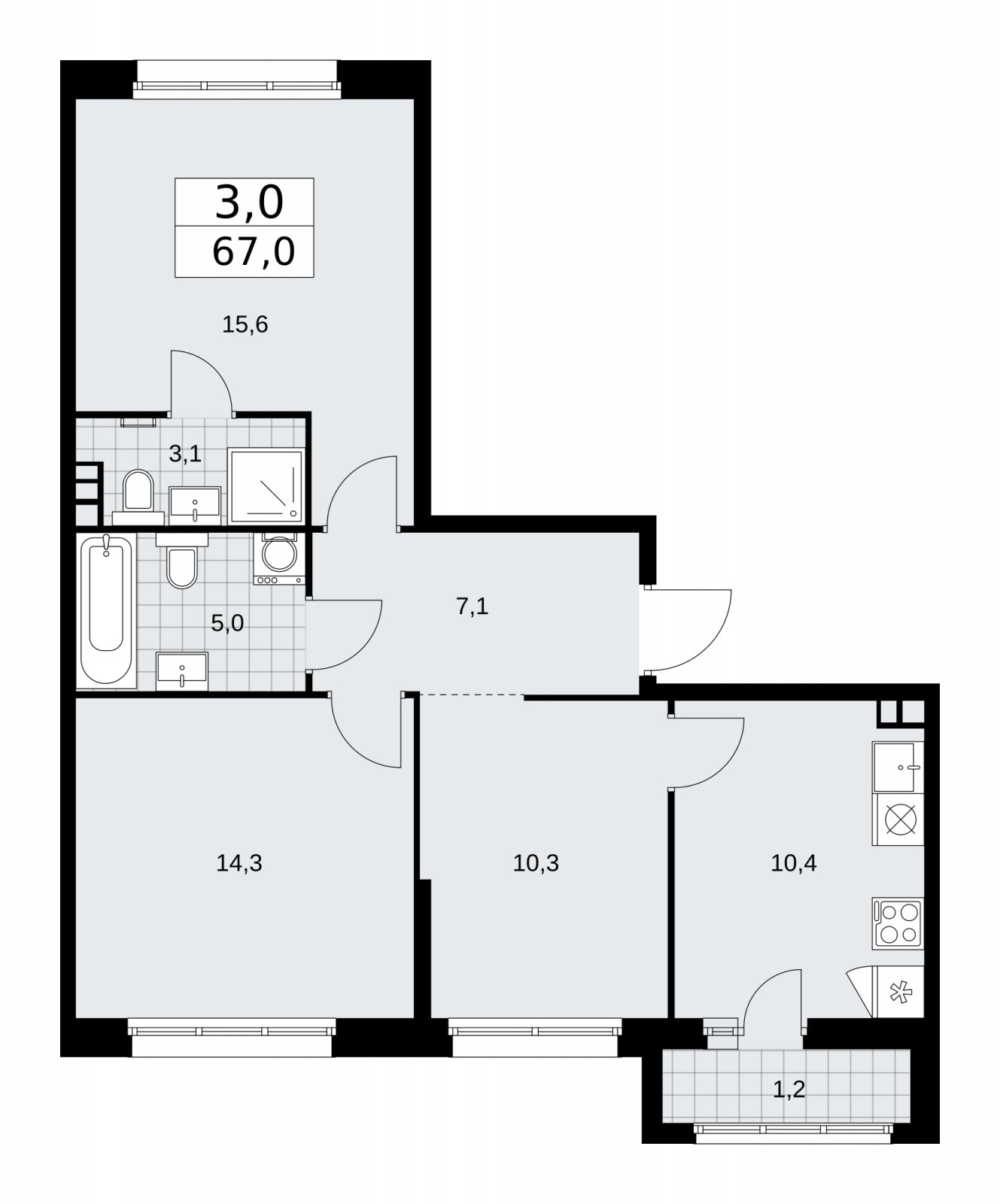 3-комнатная квартира с частичной отделкой, 67 м2, 3 этаж, сдача 2 квартал 2026 г., ЖК Дзен-кварталы, корпус 3.6 - объявление 2242909 - фото №1