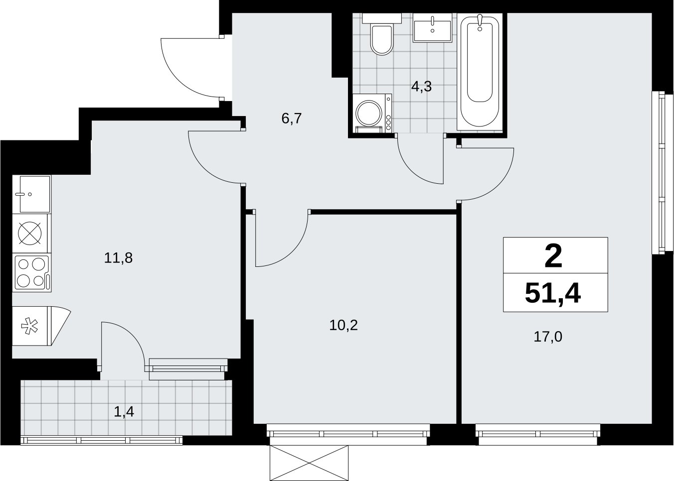 2-комнатная квартира без отделки, 51.4 м2, 11 этаж, сдача 1 квартал 2026 г., ЖК Дзен-кварталы, корпус 6.2.1 - объявление 2328615 - фото №1