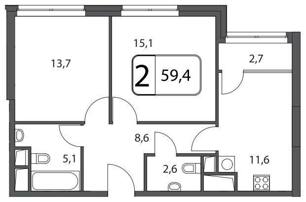 2-комнатная квартира без отделки, 59.4 м2, 16 этаж, дом сдан, ЖК Апарт-Комплекс Волга, корпус 1 - объявление 1569119 - фото №1