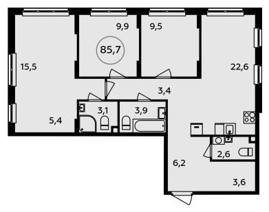 3-комнатная квартира без отделки, 85.7 м2, 2 этаж, дом сдан, ЖК Испанские кварталы, корпус 7.1 - объявление 1650431 - фото №1