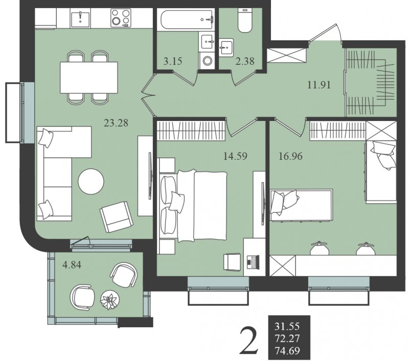 2-комнатная квартира без отделки, 74.69 м2, 5 этаж, сдача 1 квартал 2024 г., ЖК Мишино-2, корпус 10 - объявление 1812190 - фото №1