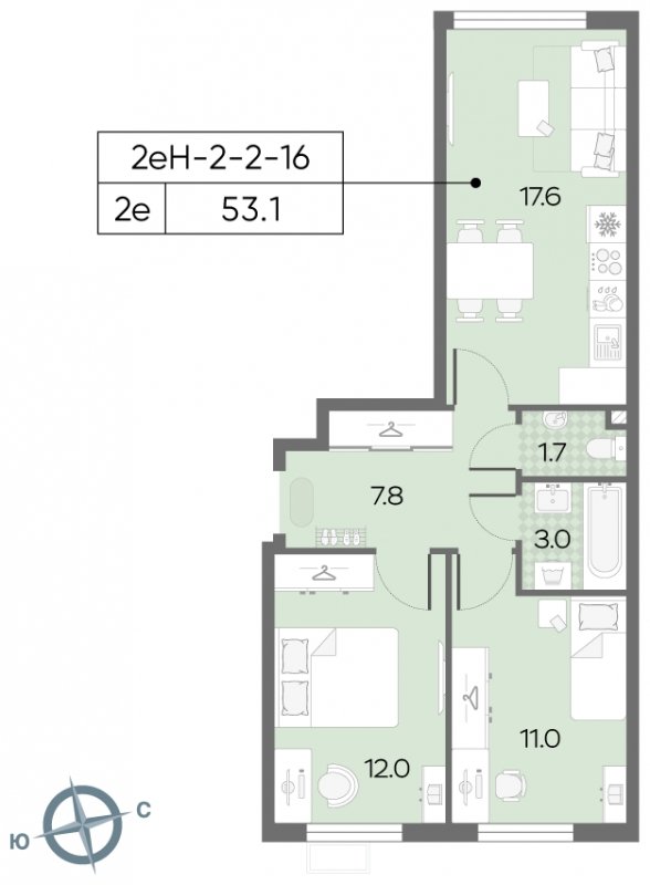 2-комнатная квартира с полной отделкой, 52.9 м2, 2 этаж, сдача 3 квартал 2024 г., ЖК Лучи, корпус 15 - объявление 1943602 - фото №1