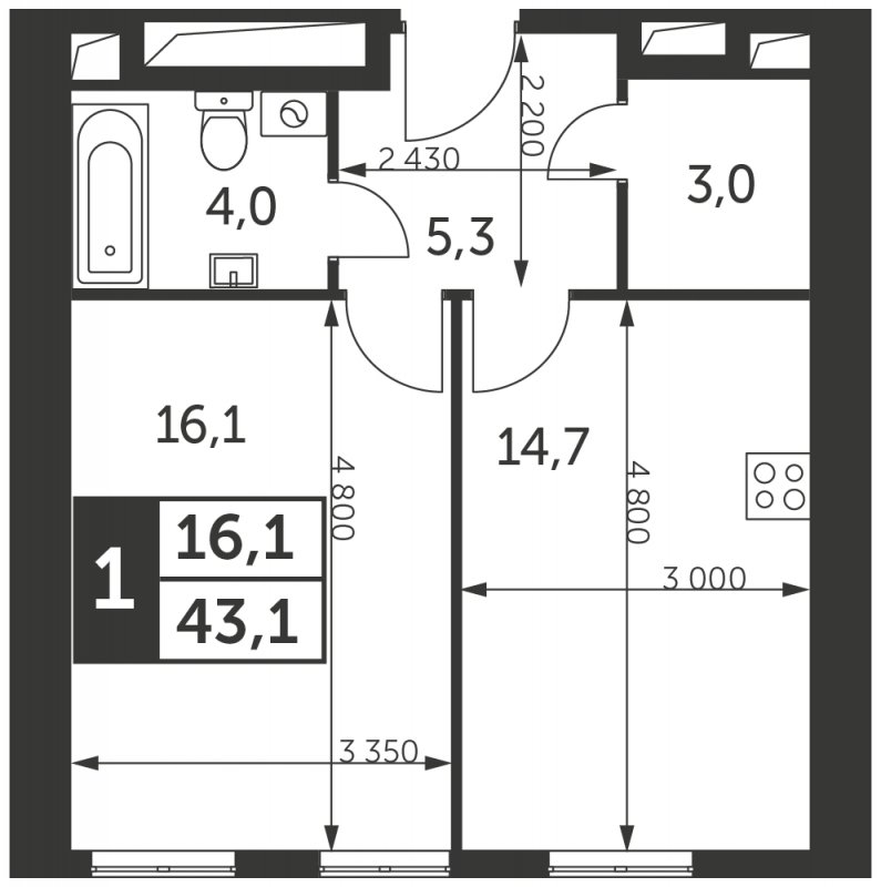 1-комнатная квартира без отделки, 43.1 м2, 40 этаж, сдача 4 квартал 2023 г., ЖК Архитектор, корпус 2 - объявление 1938383 - фото №1