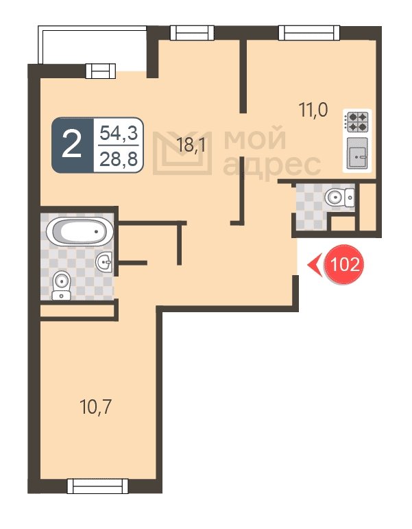 2-комнатная квартира с полной отделкой, 54.3 м2, 4 этаж, дом сдан, ЖК мой адрес В Зеленограде, корпус 2044 - объявление 1745274 - фото №1
