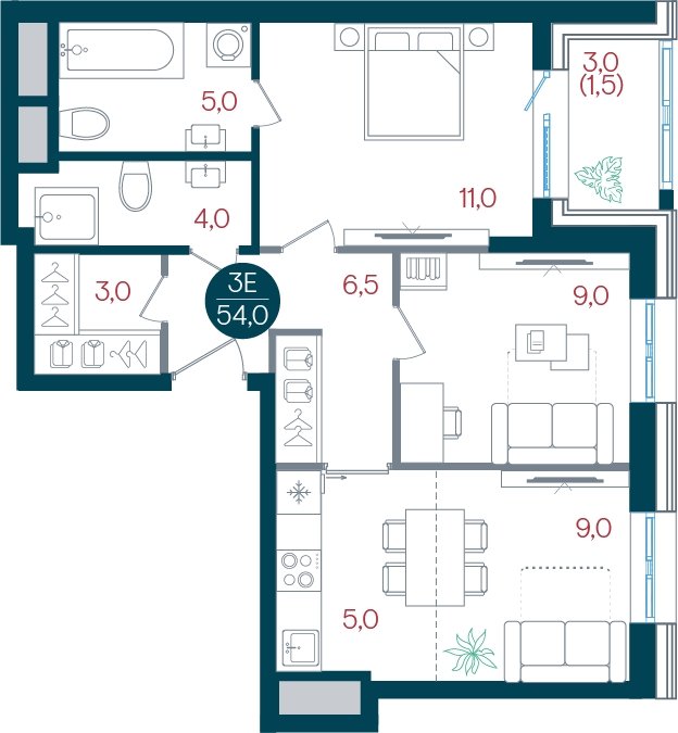 3-комнатная квартира без отделки, 54 м2, 16 этаж, дом сдан, ЖК РУСИЧ Новые Котельники, корпус 1 - объявление 2433564 - фото №1