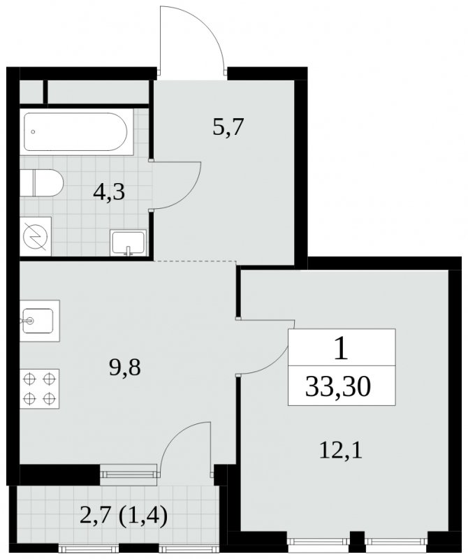 1-комнатная квартира без отделки, 33.3 м2, 4 этаж, сдача 2 квартал 2025 г., ЖК Южные сады, корпус 2.4 - объявление 1760189 - фото №1