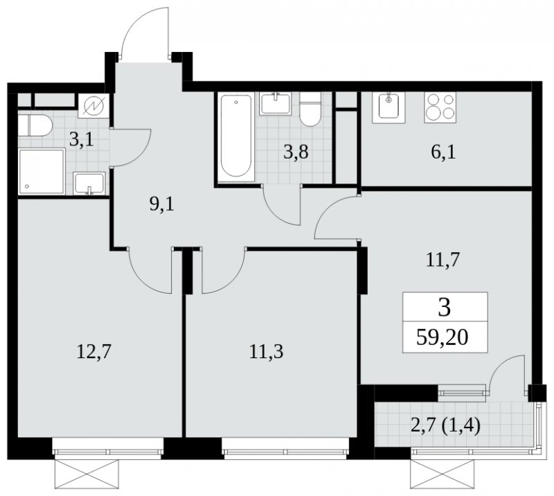 3-комнатная квартира (евро) с частичной отделкой, 59.1 м2, 16 этаж, сдача 2 квартал 2025 г., ЖК Прокшино, корпус 5.1.1 - объявление 1860033 - фото №1