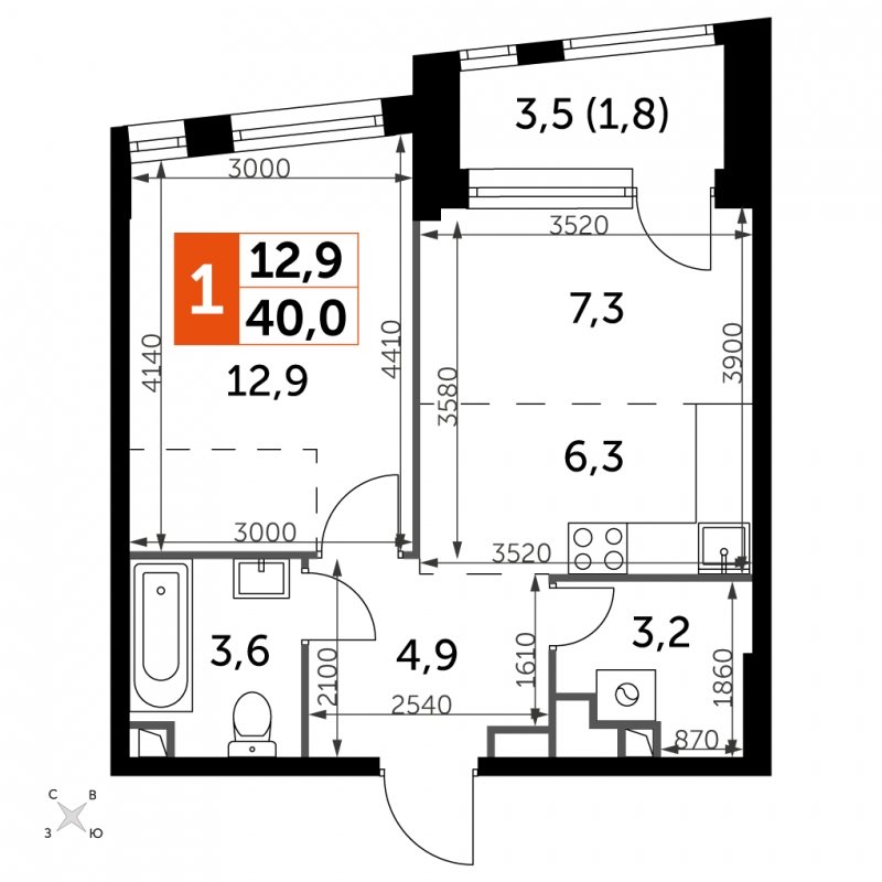 1-комнатная квартира с частичной отделкой, 40 м2, 2 этаж, сдача 4 квартал 2024 г., ЖК ROTTERDAM, корпус 2.3 - объявление 1849314 - фото №1