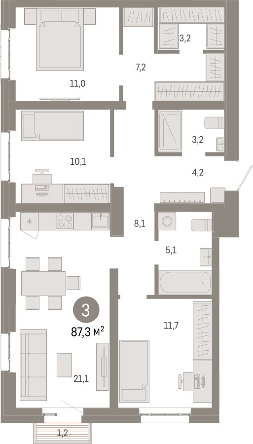 3-комнатная квартира с частичной отделкой, 87.3 м2, 8 этаж, сдача 3 квартал 2026 г., ЖК Квартал Метроном, корпус 1 - объявление 2300621 - фото №1