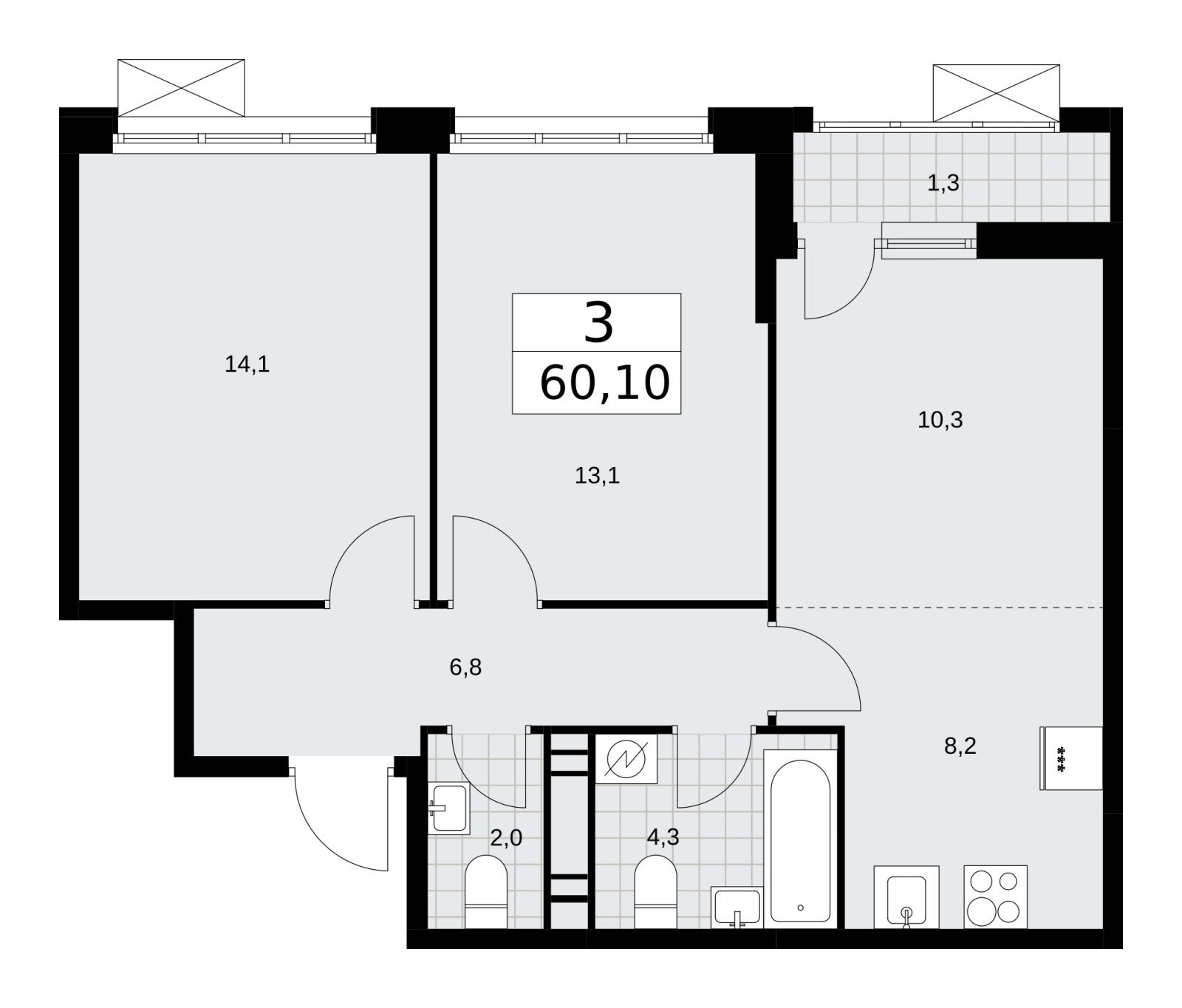 3-комнатная квартира (евро) с частичной отделкой, 60.1 м2, 12 этаж, сдача 4 квартал 2025 г., ЖК Скандинавия, корпус 28.4 - объявление 2202707 - фото №1