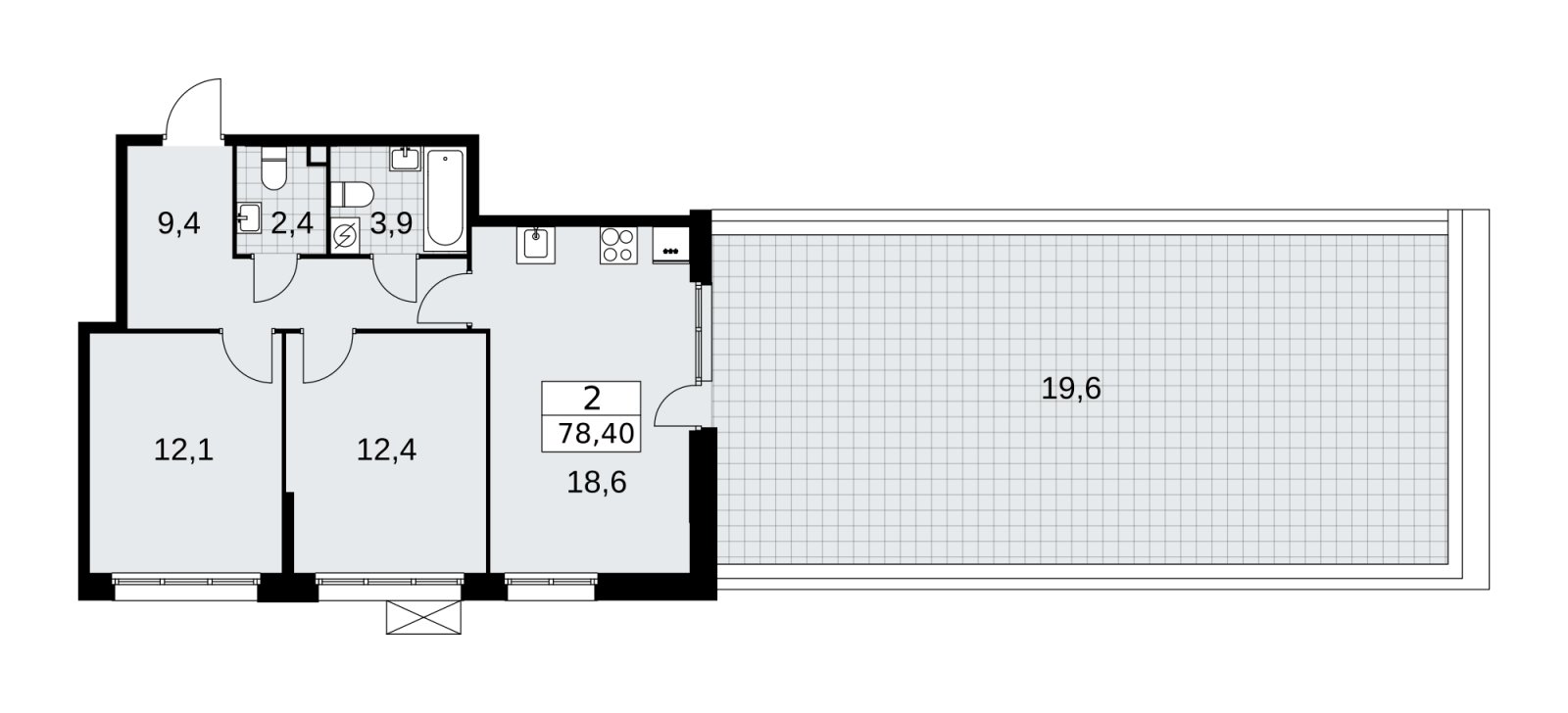 2-комнатная квартира с частичной отделкой, 78.4 м2, 2 этаж, сдача 4 квартал 2025 г., ЖК Бунинские кварталы, корпус 3.4 - объявление 2152069 - фото №1