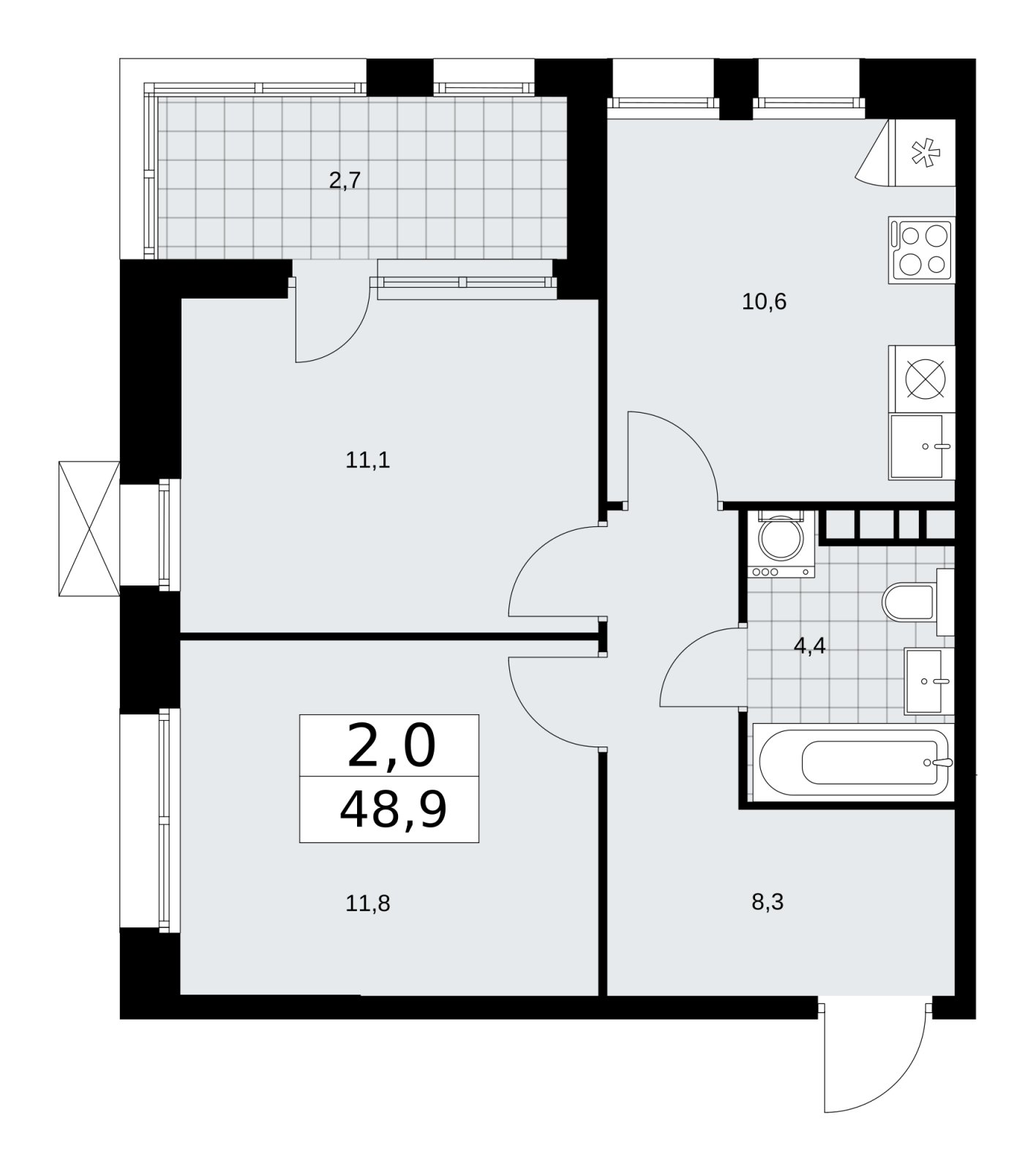 2-комнатная квартира с частичной отделкой, 48.9 м2, 11 этаж, сдача 1 квартал 2026 г., ЖК Бунинские кварталы, корпус 6.1 - объявление 2252441 - фото №1