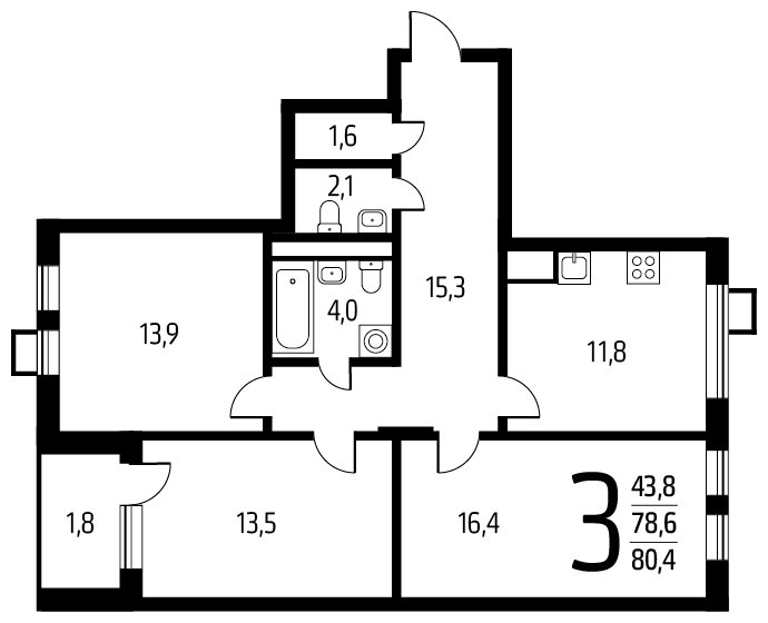 3-комнатная квартира с полной отделкой, 80.4 м2, 4 этаж, дом сдан, ЖК Новые Ватутинки. Центральный, корпус 9/1/1.1 - объявление 1675038 - фото №1
