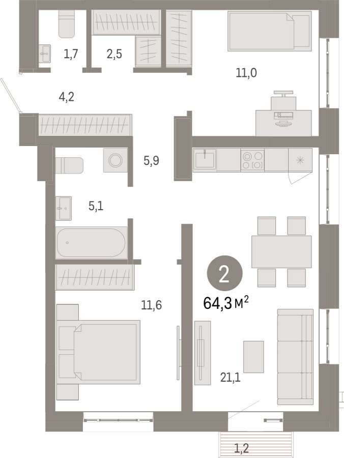 2-комнатная квартира 64.3 м2, 3 этаж, сдача 3 квартал 2026 г., ЖК Квартал Метроном, корпус 1 - объявление 2310794 - фото №1