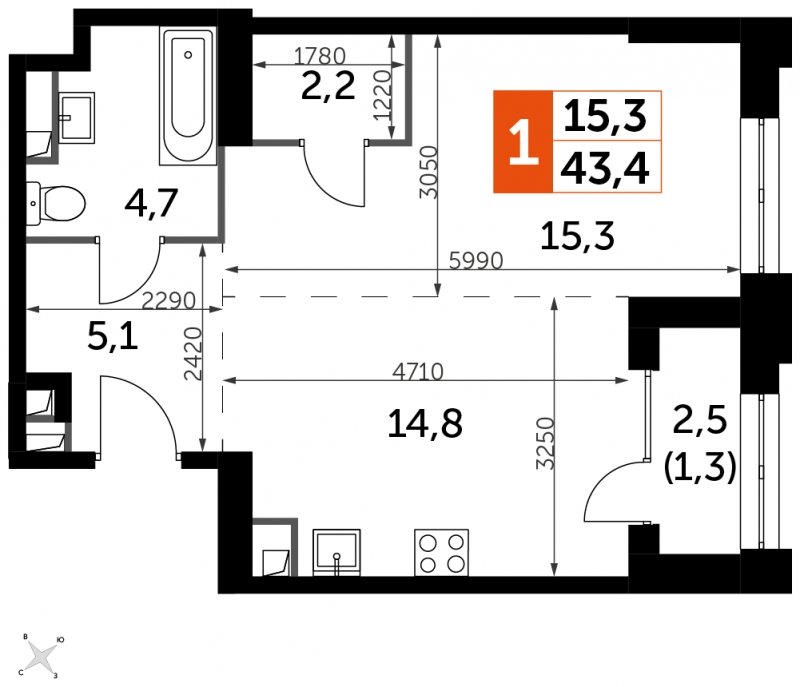 1-комнатная квартира с частичной отделкой, 43.4 м2, 5 этаж, сдача 1 квартал 2023 г., ЖК Sydney City, корпус 3 - объявление 1569038 - фото №1