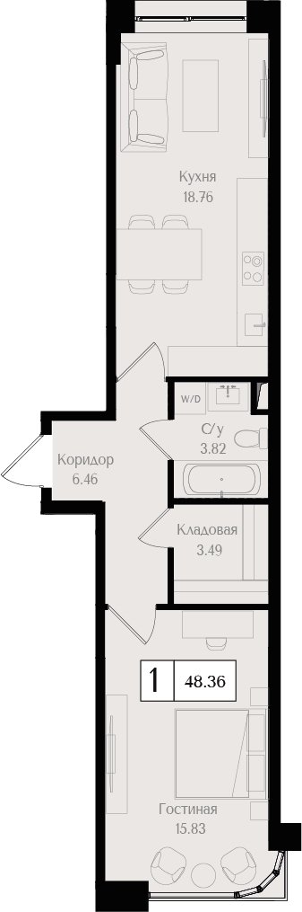1-комнатная квартира без отделки, 48.36 м2, 2 этаж, сдача 3 квартал 2024 г., ЖК Преображенская площадь, корпус 1 - объявление 2287529 - фото №1