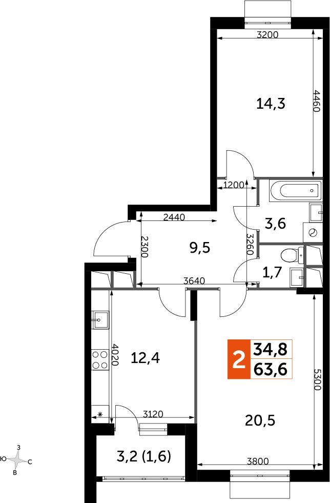 2-комнатная квартира без отделки, 63.6 м2, 3 этаж, дом сдан, ЖК UP-квартал Римский, корпус 7 - объявление 2208671 - фото №1