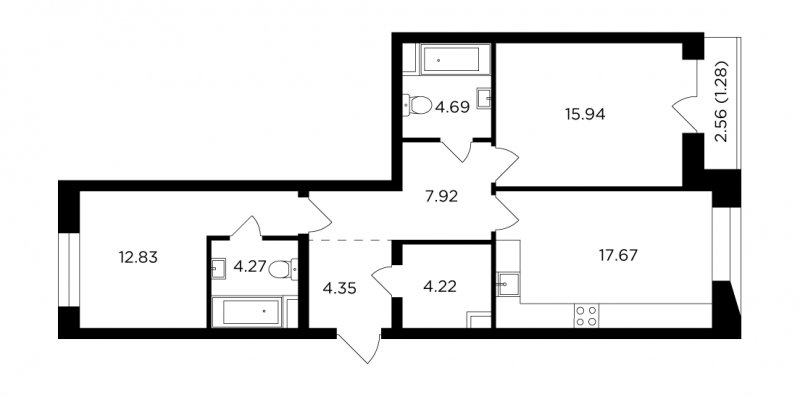 2-комнатная квартира без отделки, 73.17 м2, 11 этаж, сдача 4 квартал 2023 г., ЖК FORIVER, корпус 2 - объявление 1677575 - фото №1